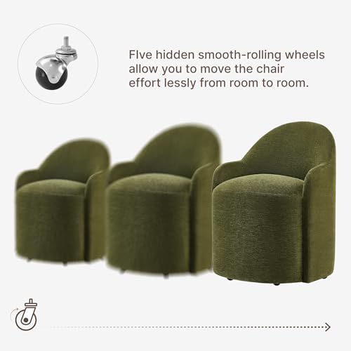 Image of KISLOT Upholstered Dining Chairs with Casters, No Assembly Modern Dining Room Chairs Accent Vanity Chair with 5 Wheels & Round Backrest for Bedroom, Living Room, Dressing, Green Fabric, Set of 4