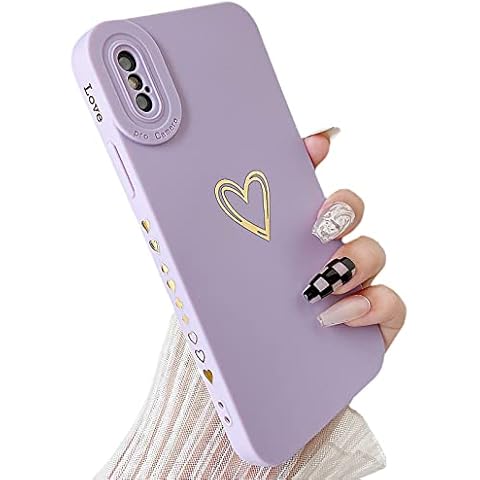 SmoBea Compatible with iphone X/Xs Case, Cute Gold Heart Pattern Phone Case for Women Girls With Side Small Love Pattern Silicone Protective Shockproof Phone Case (purple) Cover