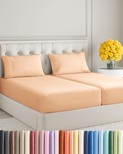 Image of Split King Size 5 Piece Sheet Set - Ultra Soft & Cooling Bed Sheets - Peach | Fits 8 Inch to 16 inch Mattress, Wrinkle Free & Fade Resistant with Deep Pockets, Breathable, Comfy Hotel Luxury Bedding