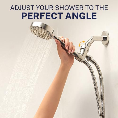 HammerHead Showers® Solid Metal Handheld Shower Head Holder - Polished Brass - Adjustable Shower Wand Holder with Universal Wall Hook Bracket and Brass Pivot Ball - Hand Held Shower Head Holder