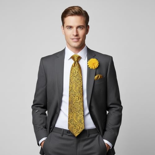 Image of 5PCS Tie and Pocket Square for Men, Silk Necktie and Handkerchief Cufflinks with Gold Ring and Lapel Pin Set