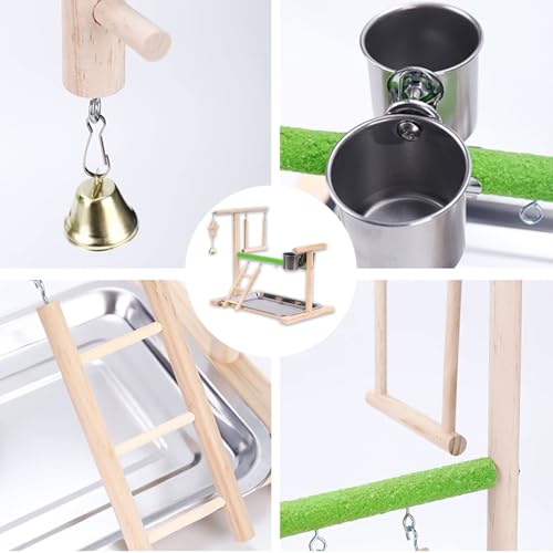 Image of Bird Playground, Natural Wood Bird Perch Stand with Removable Tray and 2 Stainless Steel Feeder Cups, Parrot Playstand Bird Cage Toys for Conure Parakeet Cockatiel Parrot (C)