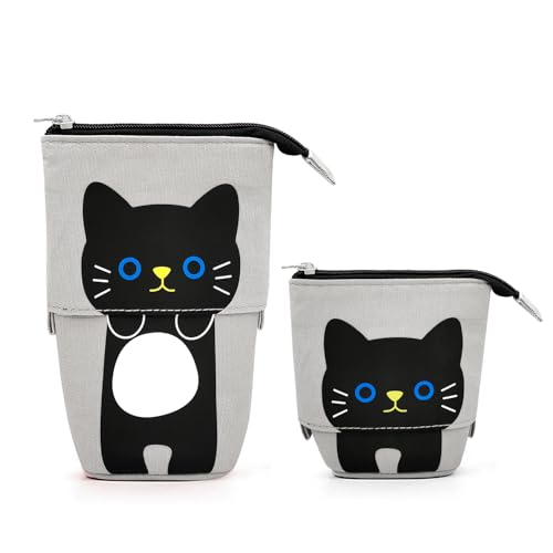 Image of Cat Cute Standing Pencil Case for Kids, Pop Up Pencil Box Makeup Pouch, Stand UP Cartoon Christmas Gift Kids Pen Holder Organizer Cosmetics Bag, Kawaii Stationary (Black Cat)