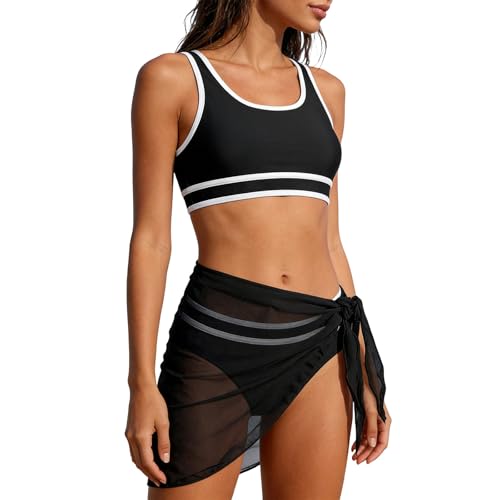 2026 Bañador Bikini Mujer Amazon Espagne Conjunto de Bikini Deportivo 3 Piezas con Cintura Alta para Mujer, Traje baño Falda y Bikini. (Black, M)