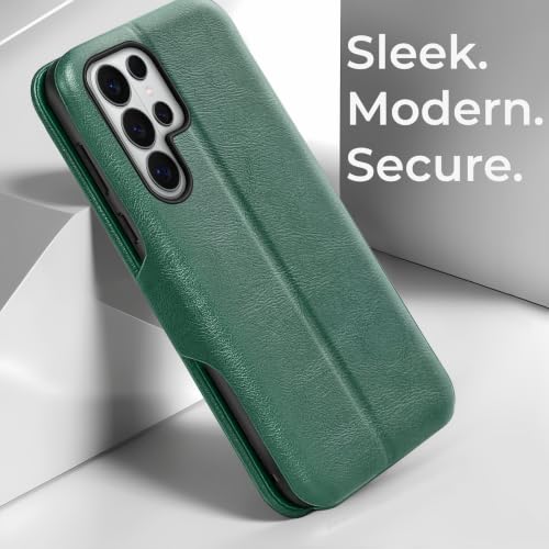 Image of PULOKA Premium Vegan Leather Phone Cover with Card Slot - Compatible with Samsung Galaxy S25 Ultra - Sleek Flip Case, Slim, Durable, Privacy Protection, Kickstand Function (Green)