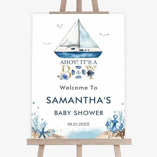 Personalized Chic Nautical Blue Boat Boy Baby Shower Welcome Sign, Beach Themed Welcome Sign For Baby Shower Party Decorations, It's A Boy Baby Shower Signs
