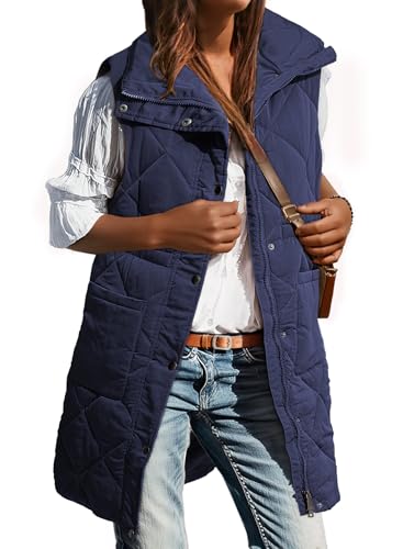 Dokotoo Long Navy Blue Puffer Vest Women Warm Padded Gilet Casual Zip-Up Pocketed Sleeveless Outerwear Jacket Winter Coats for Women Quilted Vest 2026 Fashion Medium