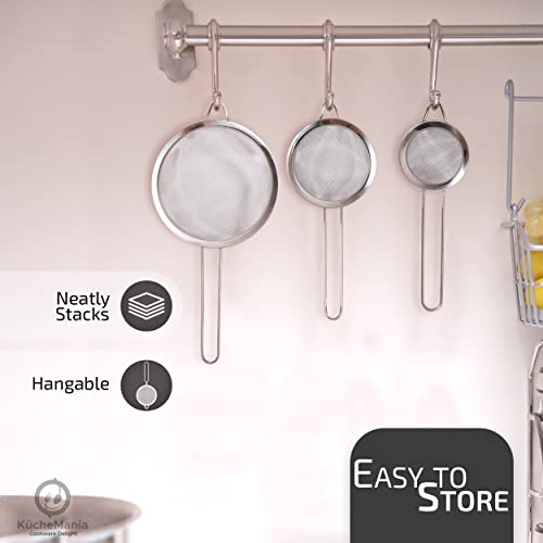 Sieves and Strainers Set – 3 Pack Stainless Steel Fine Mesh Sieve (7cm, 12cm, 18cm) | Rust Free, Dishwasher Safe, Flour Sifter for Baking & Cooking