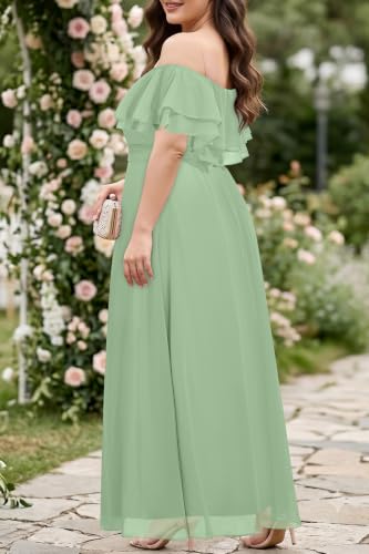 Image of Pinup Fashion Plus Size Formal Bridesmaid Wedding Guest Chiffon Long Dress | Chiffon, off-the-shoulder neckline, layered ruffles, ruched elastic waist, floor-length, evening party, wedding guest
