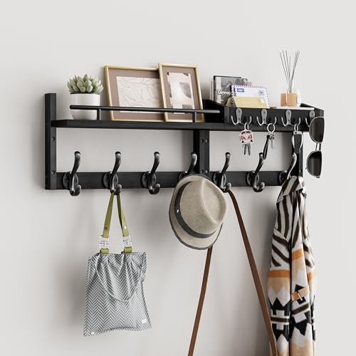 Image of 29 inch Coat Rack Wall Mount with Shelf, Heavy Duty Coat Hooks Wall Mount, Entryway Coat Hanger Wall Shelf with Key Holders and Mail Organizer for Living Room, Bedroom, Bathroom, Black