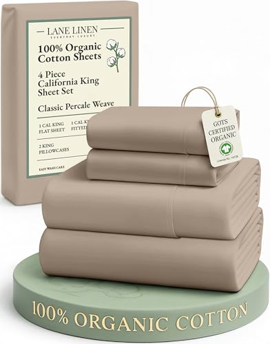 Image of LANE LINEN 100% Organic Cotton California King Sheets Set, 4-Piece Organic Cotton Percale Weave Ultra Soft & Comfy Machine Washable Mercerized Bed Sheets, Fits Mattress Upto 15 inch Deep - Taupe
