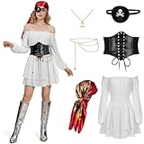 SKYYUE Disfraz Pirata Mujer Vestido de Pirata Blanco Vestido Piratas Mujer Renacentista con Cinturón, Parche de Ojo y Cadena de Cintura para Halloween Carnaval Fiesta Cosplay (M)