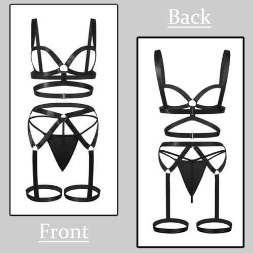 NewBull Damen Body Harness BH Mode Durchgehender Mesh Bodysuit mit Verstellbaren Breiten Trägern Punk Cut Out Harness Körper Voll Riemchen Dessous Damen Harness Strappy