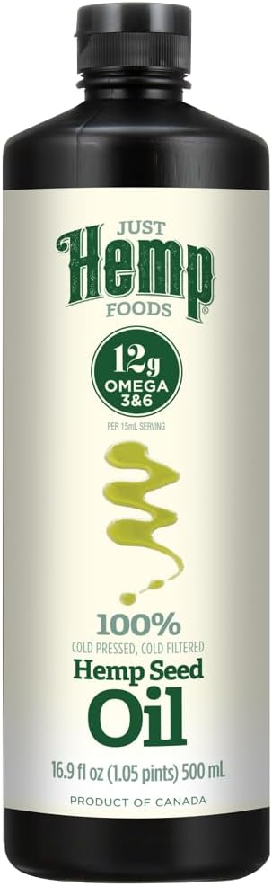 Just Hemp Foods All Natural Hemp Seed Oil, Cold Pressed, Cold Filtered, 12g of Omega 3 & 6 Per Serving, 16.9 Fl Oz