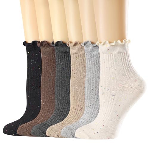 Mcool Mary Women's Ruffle Socks,Crew Cotton Sock,Over Ankle,Casual Frilly Breathable Cute Knit Lettuce Trim Dress Socks 6 Pack