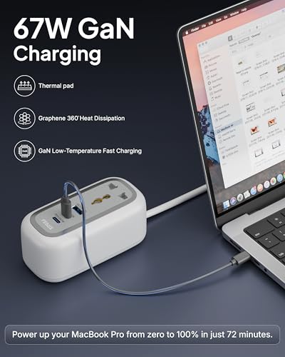 Image of FEDUS 67W GaN Travel Power Adapter Strip Compact Extension Board with USB Ports 4ft Long Retractable Cable Cord, 2 Type C, 1 USB Ports, 2 International Power Sockets, 2500W for Laptop, Home Appliances