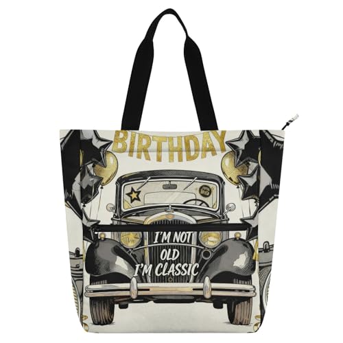 Sac fourre-tout voiture rétro doré noir lavable avec fermeture pour l'école et les livres