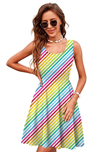 Image of uideazone Ladies Women Rainbow Sundress One Piece Halter Beach Dresses Sleeveless Pleated Sling Dresses for Beach Casual Home