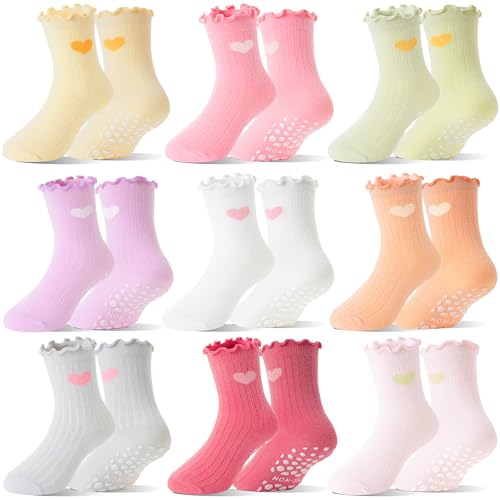 Baby Girls Toddlers Ruffle Grip Socks for Kids Non Slip Anti Skid Frilly Cute Funny Cotton Crew Grippers Socks 9 Pairs