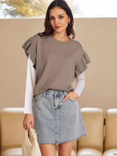 Pink Queen Women's Crew Neck Ruffle Edge Sleeves Loose Oversized Knit Pullover Sweater Jumper Tops Summer Fall Winter3