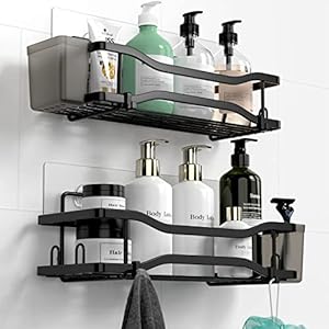 Foukus 2 Pack Bathroom Shower Organizer, Adhesive Shelves with hooks and Hanging Cups, No Drilling Rustproof Stainless Steel Bathroom Caddy for Shower Storage Black