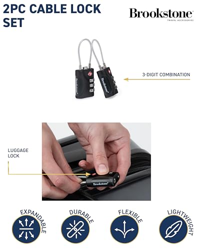 Brookstone Cable Lock - 2 Pack TSA-Approved 3-Digit Keyless Luggage Travel Lock - Resettable Combination Wire Padlock, Black2