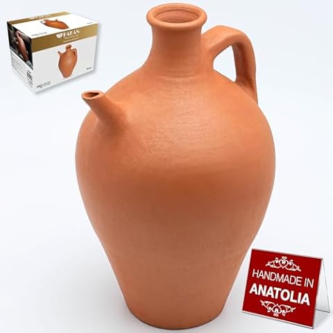 Hakan Handmade Traditional Unglazed Clay Pitcher with Spout, Terracotta Pitcher, Natural Home Decor Vintage Drinking Bottle, Earthenware Beverage Jar from Cappadocia, Pottery Mud Water Jug, Midi Cover