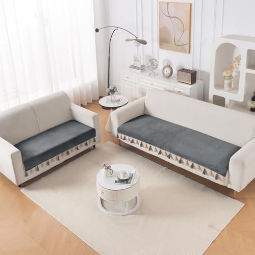 Image of HOKIPO Premium Holland Velvet Sofa Cover Mat with Tassel 5 Seater(3+2) | 'TasselTone Series' | Graphite Grey (IN-1108+1106-DGRY)