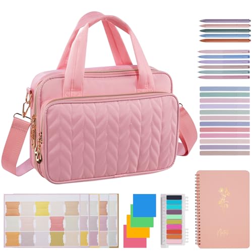 KOPKOFT Bible Cover Case for Women, All-in-One Bible Study Supplies Journaling Kit with Highlighters Tabs, Quilted Book Carrying Cases, Christmas Christian Gifts for Women (Pink)