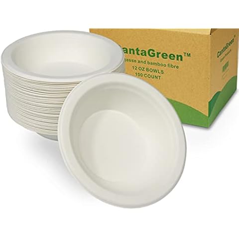 CantaGreen 12 OZ Compostable Bowls,100 Count Heavyduty Sugarcane/Bagasse and Bamboo Fibre Biodegradable Disposable Paper Bowls Cover