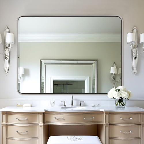 Image of ANDY STAR 48x32 Inch Chrome Bathroom Mirror, Chrome Bathroom Vanity Mirror, Rounded Rectangle Mirror, Anti-Rust SUS304, Seamless Tube Metal Frame, 1'' Deep Wall Mounted Vertically /Horizontal