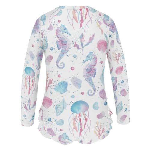 Wusikd Girls Long Sleeve Swimsuit Jellyfish Sea-Horse One Piece Bathing Suit Zipper Watercolor Swimwear Sun Protection 5-6T3