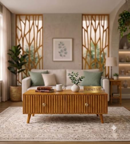 Image of Solid Sheesham Wood Coffee Table & Center Table for Living Room with Rattan Cane Lift-Down Shutter & Open Shelf, Solid Wooden Teapoy for Sofa with Storage | Tea Table (B-Honey)