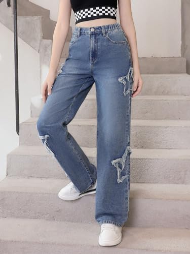 OYOANGLE Calça jeans feminina rasgada de cintura alta perna reta casual jeans com bolsos, Lavagem mé
