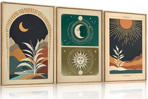 Image of KAIRNE Moody Sun and Moon Framed Canvas Wall Art Set,Boho Desert Botanical Wall Decor,Abstract Vintage Black Art Prints,Retro Southwestern Artwork for Living Room,Bedroom,Farmhouse,Office-16 x24 x3