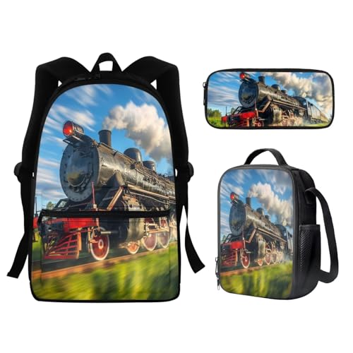 Guosanchn Mochila de trem 3 em 1 para meninos da escola primária e conjunto de lancheira com estojo de lápis, mochila escolar para crianças, meninas, creche, escola