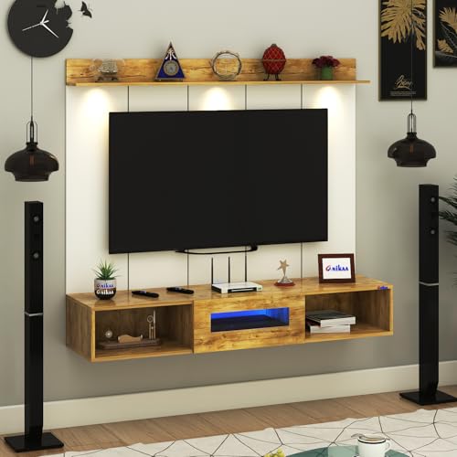 Image of Anikaa Novus PVC Back Panel Wall Mounted TV Unit with Spot & Blue Ambient LED Light - Acrylic Storage Box, Display Shelf & Soft-Close Hinges | Ideal for UP to 50 Inch TV (GiantWood - DIY Installation