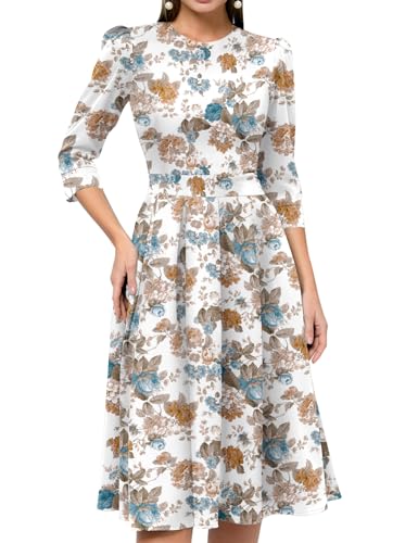 Image of Simple Flavor Women's Floral Vintage Dress Elegant Midi Evening Dress 3 /4 Sleeves