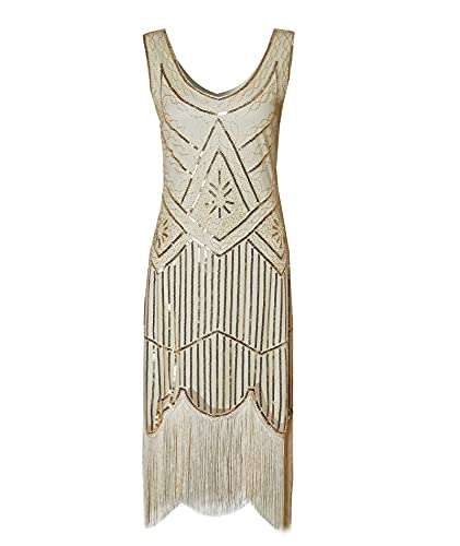 HAHAEMMA Vestido vintage de 1920s para mujer, vestido de charleston, vestido Gatsby con lentejuelas borlas, dobladillo de cóctel, flapper, vestido de noche, cóctel, fiesta, beige, M Cover