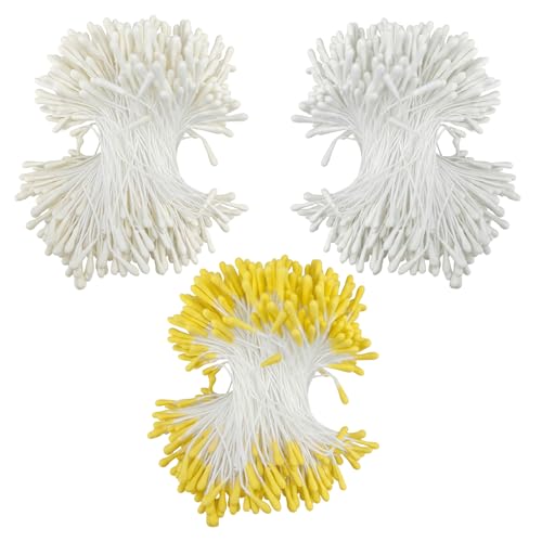 Bolsdoic 1200 Pcs Flower Stamens 2mm Double Heads Artificial Pearlized Flower Stamens Hand-Made Matt Floral Stamen for Crafts DIY Christmas Wedding Scrapbook Decoration (Cream White White Gold)