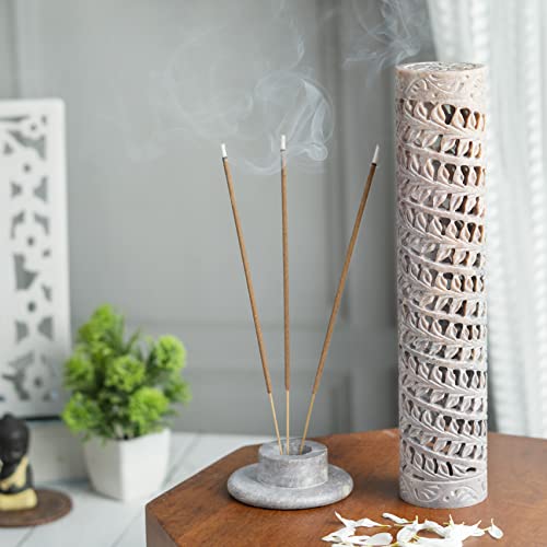 Crocon Handmade Soapstone Incense Stick Burner Round Shape Burner Leaf Line Design Tower Burner | Tower Candle Holder | Decorative Home & Living Room Decor Best Gift Size - Lxwxh (7X7X26) Cm #TOP4