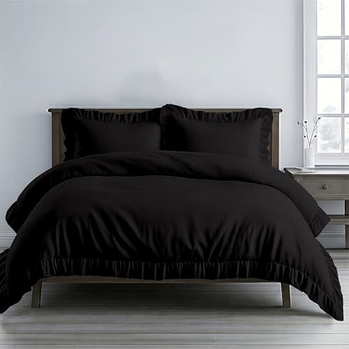 Kotton Culture 3 Pc Black Ruffle Trim Duvet Cover Set Twin/Twin-XL Size-100% Egyptian Cotton 600 TC Frilled, Shabby Chic Bohemian- French Style- Farmhouse Decorative-Cute Comforter Cover- 68"x 90"