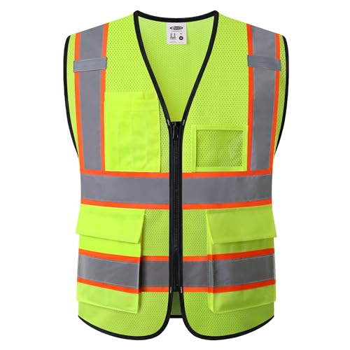 JKSafety Safety Vest for Men Women Hi Vis Vest with Pockets and Zipper Front Class 2 High Visibility Meet ANSI Standard Yellow Color Extended Orange Strips (BX320-Yellow L)