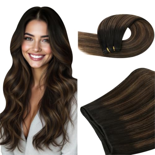 Image of Ugeat 24 Inch Weft Hair Extensions Human Hair, Sew in Weft Hair Extensions Human Hair 100g, Sew in Extensions Dark Brown Balayage Medium Brown, Easy Wash