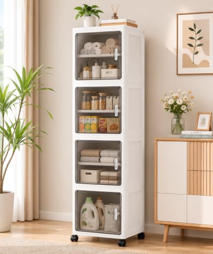 Image of KRISHYAM 4 Door Slim Plastic Storage Cabinet with Wheels, Collapsible Foldable Organizer with Transparent Doors, Removable Shelves & Magnetic Closure for Bathroom, Kitchen, Bedroom, White