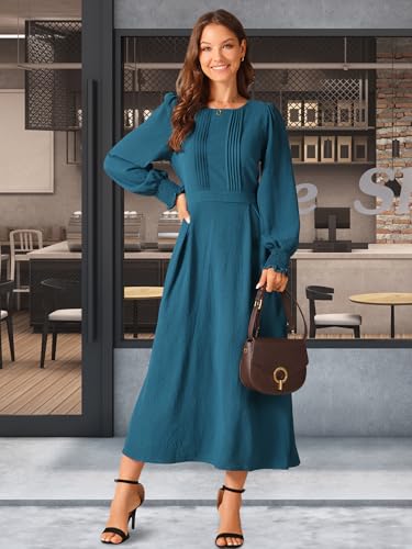 Image of Seta T Women's Fall Dress Frilled Long Sleeve A-Line Casual Midi Dresses