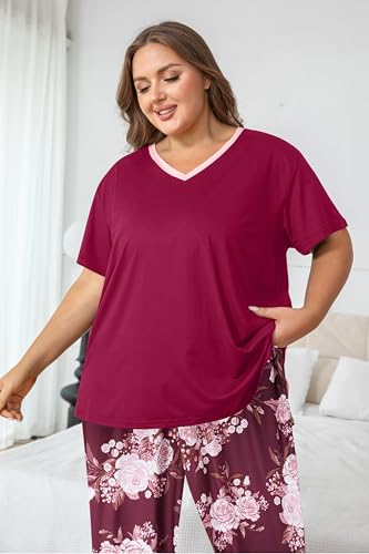 Image of Vozanet Women's Pajama Sets Short Sleeve with Long Pant Soft Sleepwear Printed pj Loungewear With TWO Pockets Size 1X to 5X
