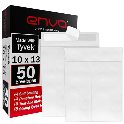10x13 Envelopes, Tyvek Envelopes, Mailing Envelopes 10x13, Catalog Envelopes, Self Sealing Closure, Tyvek Material, 14 lb., Puncture, Tear & Moisture Resistant, Bulk (50 Pack)