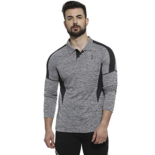 Image of Cahoot Men's Black & Grey Heathered Contrast Activewear T-Shirt for Casual Wear | Spread Collar | Long Sleeve | Half-Button Closure | T-Shirt Crafted with Comfort Fit for Everyday Wear