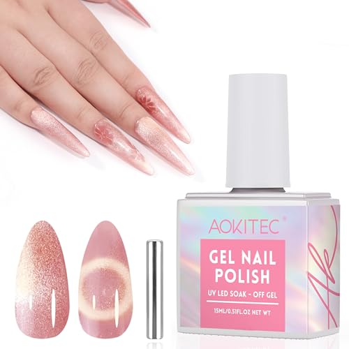 Aokitec Esmalte Ojo de Gato Semipermanente de Uñas en Gel U V LED,15ml 9D Holographic Rosa Cat Eye Gel Polish,Pintauñas Semipermanentes para Principiante Uñas gel de uñas semipermanente Art Salón